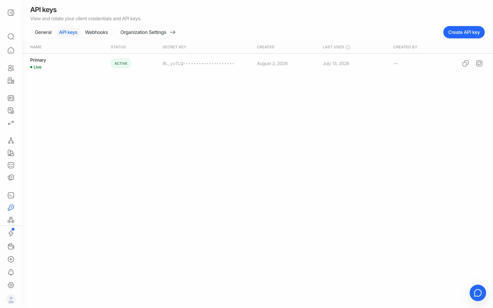 The API keys page in the Didit console, where each key belongs to one application