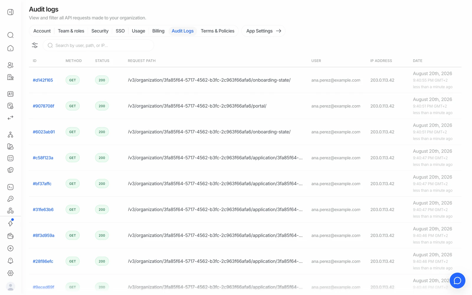 Audit logs in the Didit console showing API activity with timestamps and status codes
