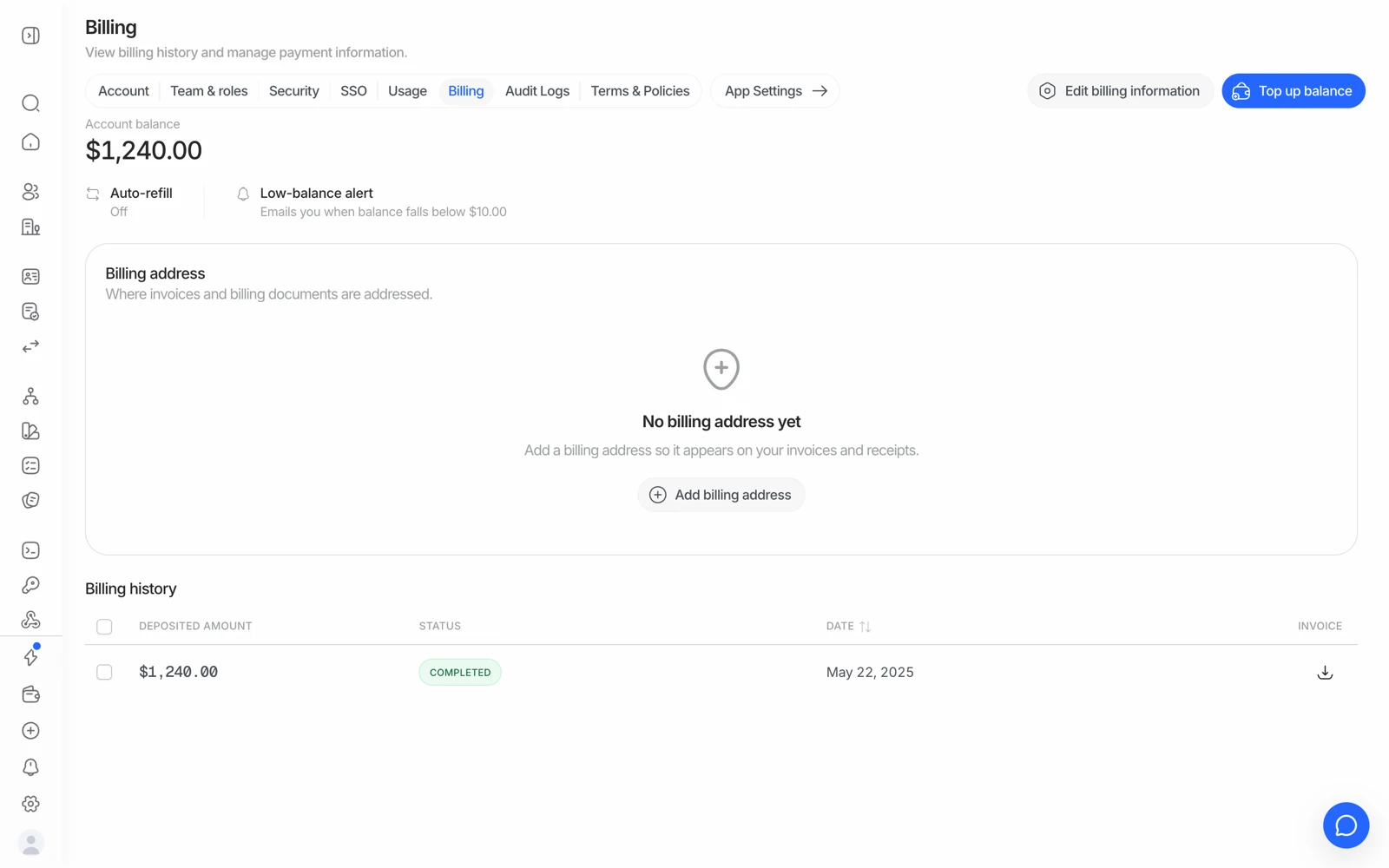 The billing page in the Didit console with the account balance and the Top up balance button