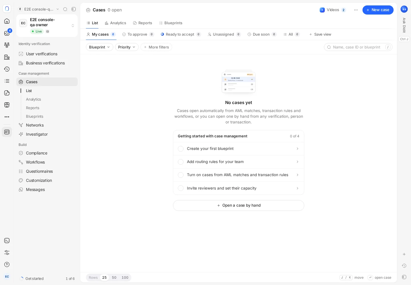 The empty Cases list with saved views, filters and a setup checklist