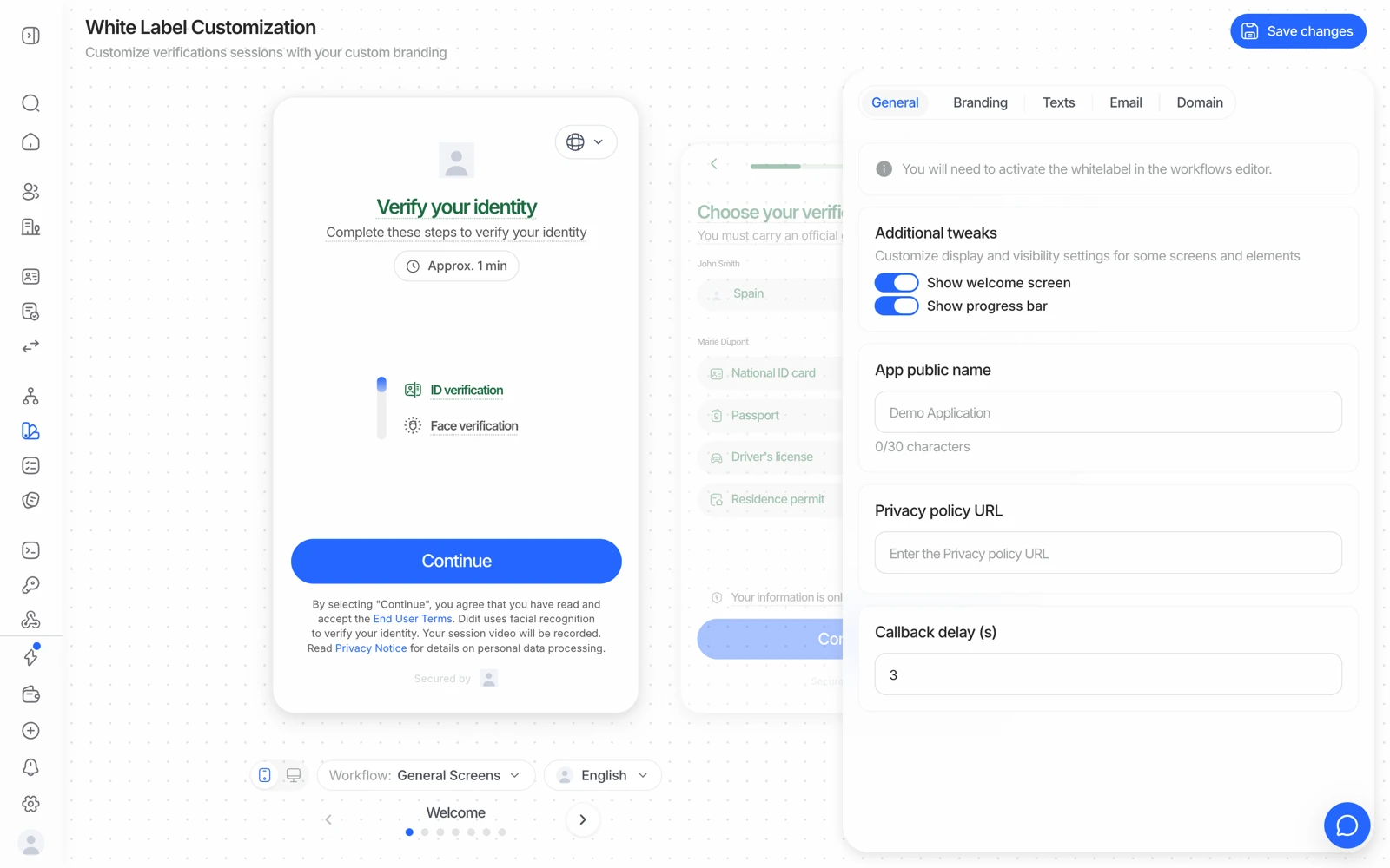The Didit white label style editor with a live preview of the verification flow