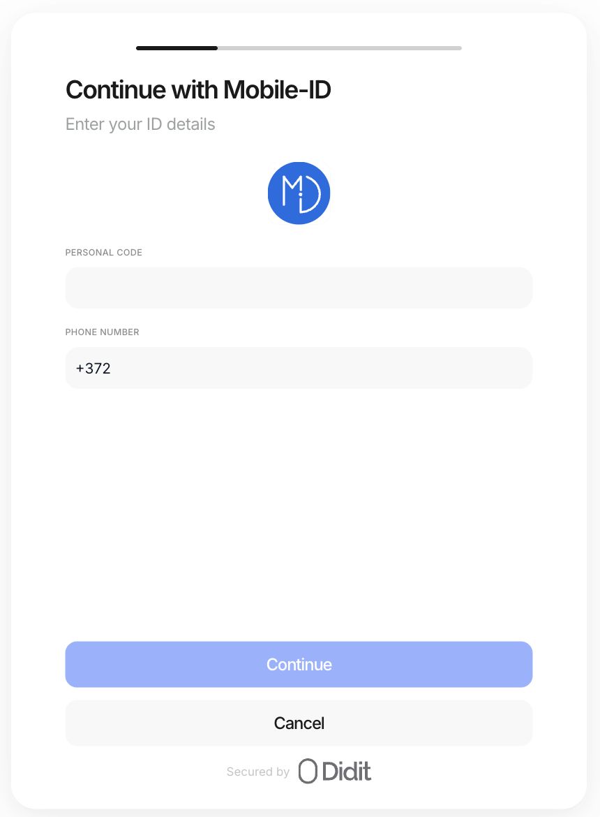 Mobile-ID verification form with personal code and phone number fields