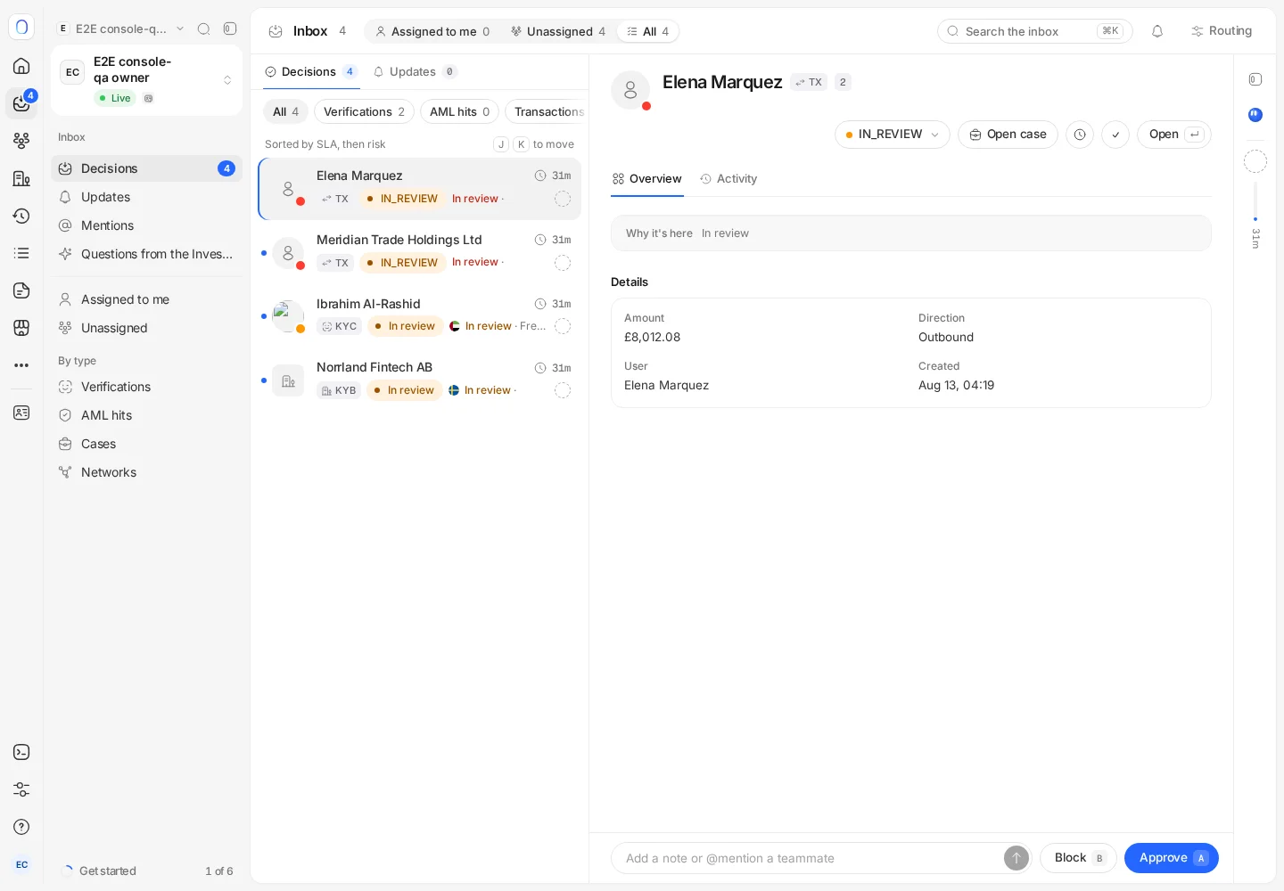 The Inbox in the Didit console with the Decisions and Updates tabs and a list of items