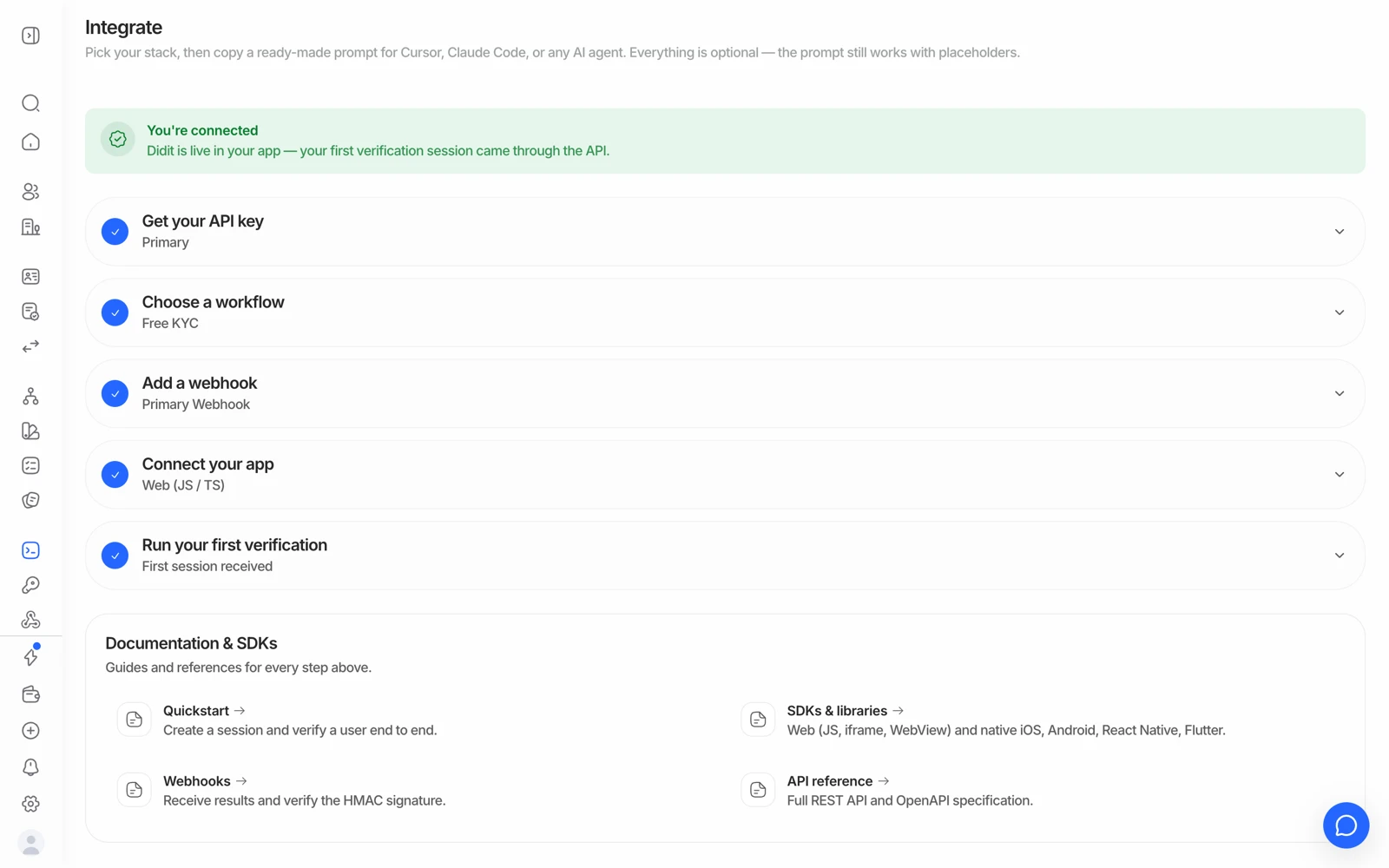 The Integrate page in the Didit console, a five-step checklist from API key to first session