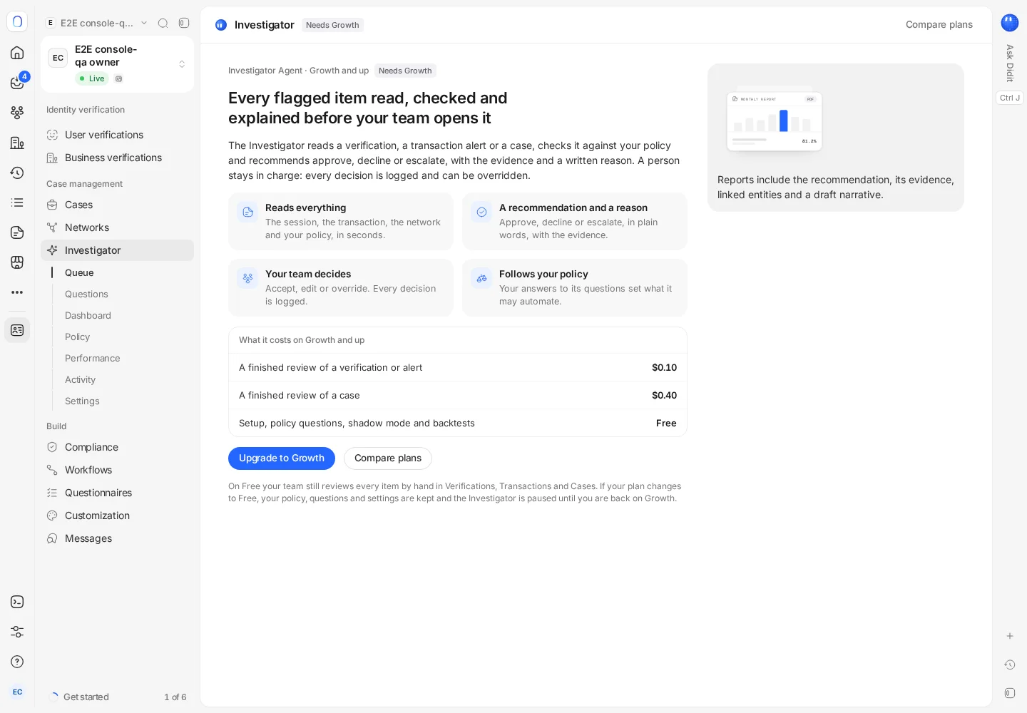 The Investigator page in the Didit console explaining what it does and what each review costs