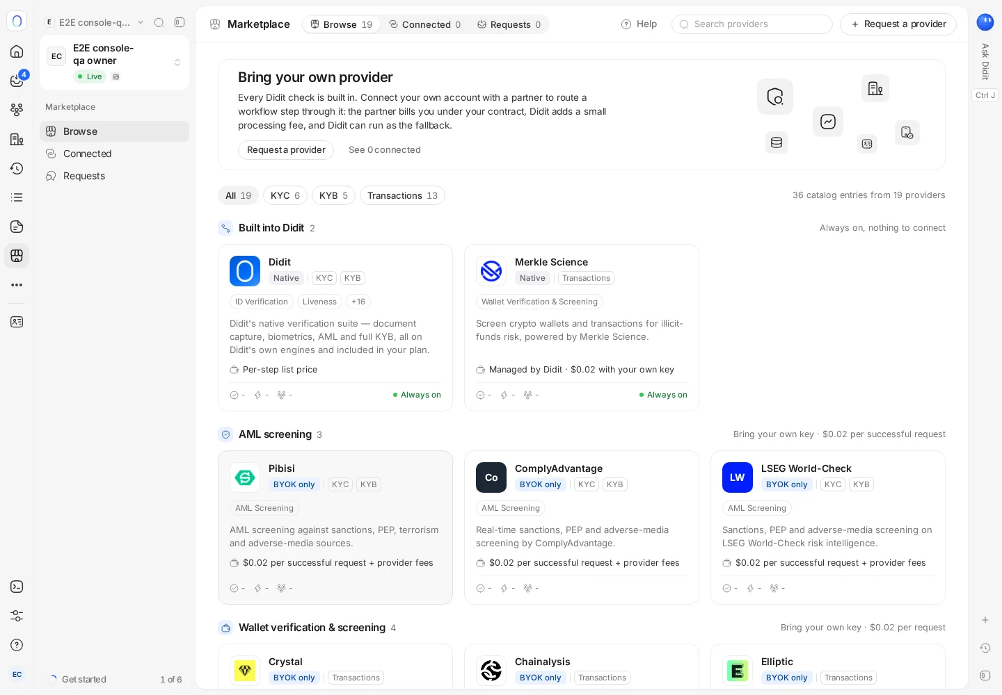 The Marketplace in the Didit console with the provider categories