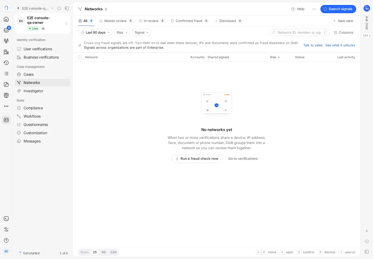 The empty Networks list with review views, filters and the Enterprise signal-sharing notice