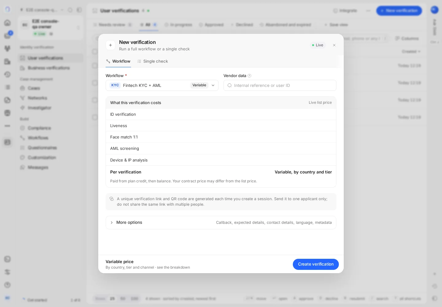 The New verification dialog in the Didit console with the Workflow and Single check tabs