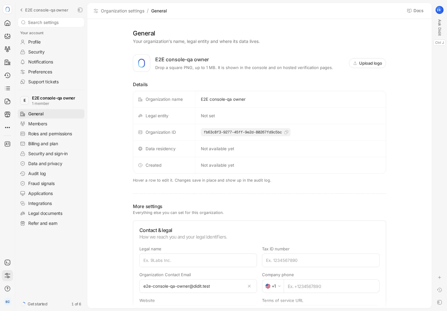 The organization General settings page in the Didit console with the settings menu on the left