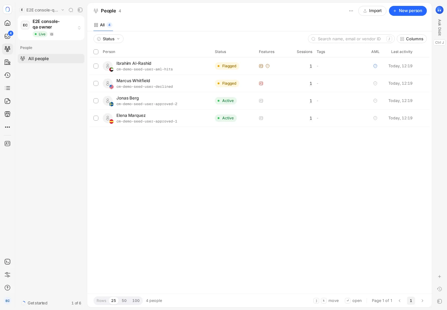The People list in the Didit console with search, filters and one row per person