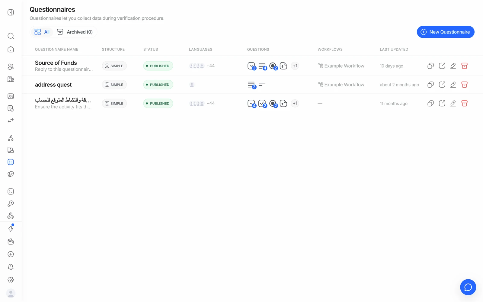The questionnaires list in the Didit console
