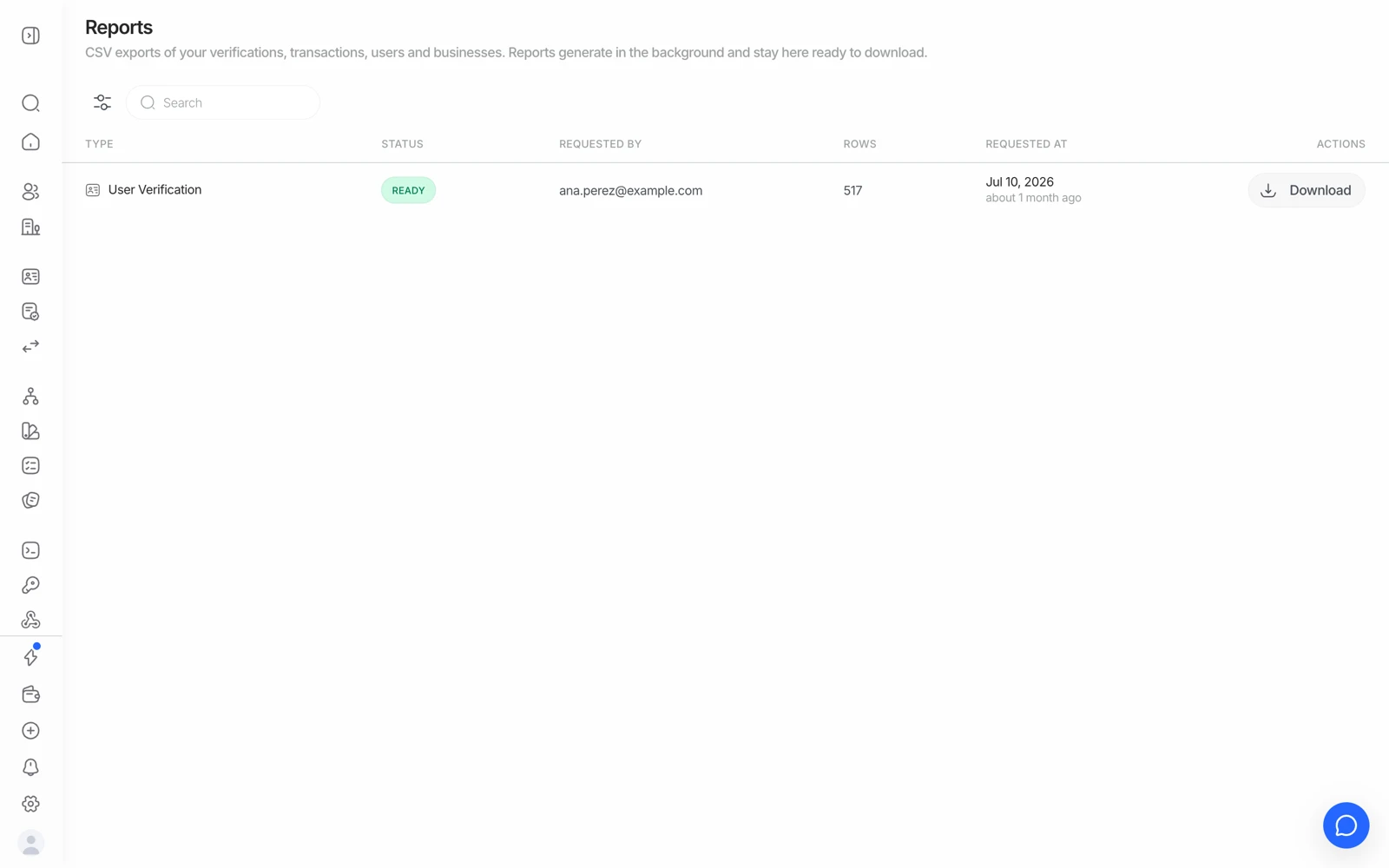 The Reports section of the Didit console