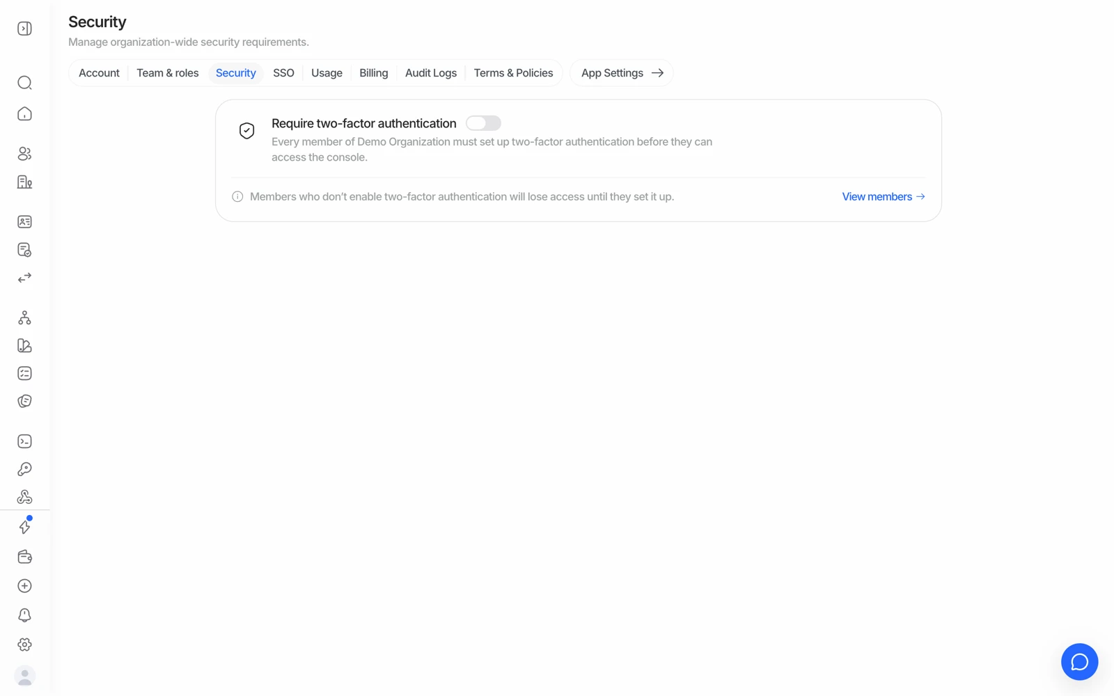 The security settings page in the Didit console with the two-factor authentication requirement