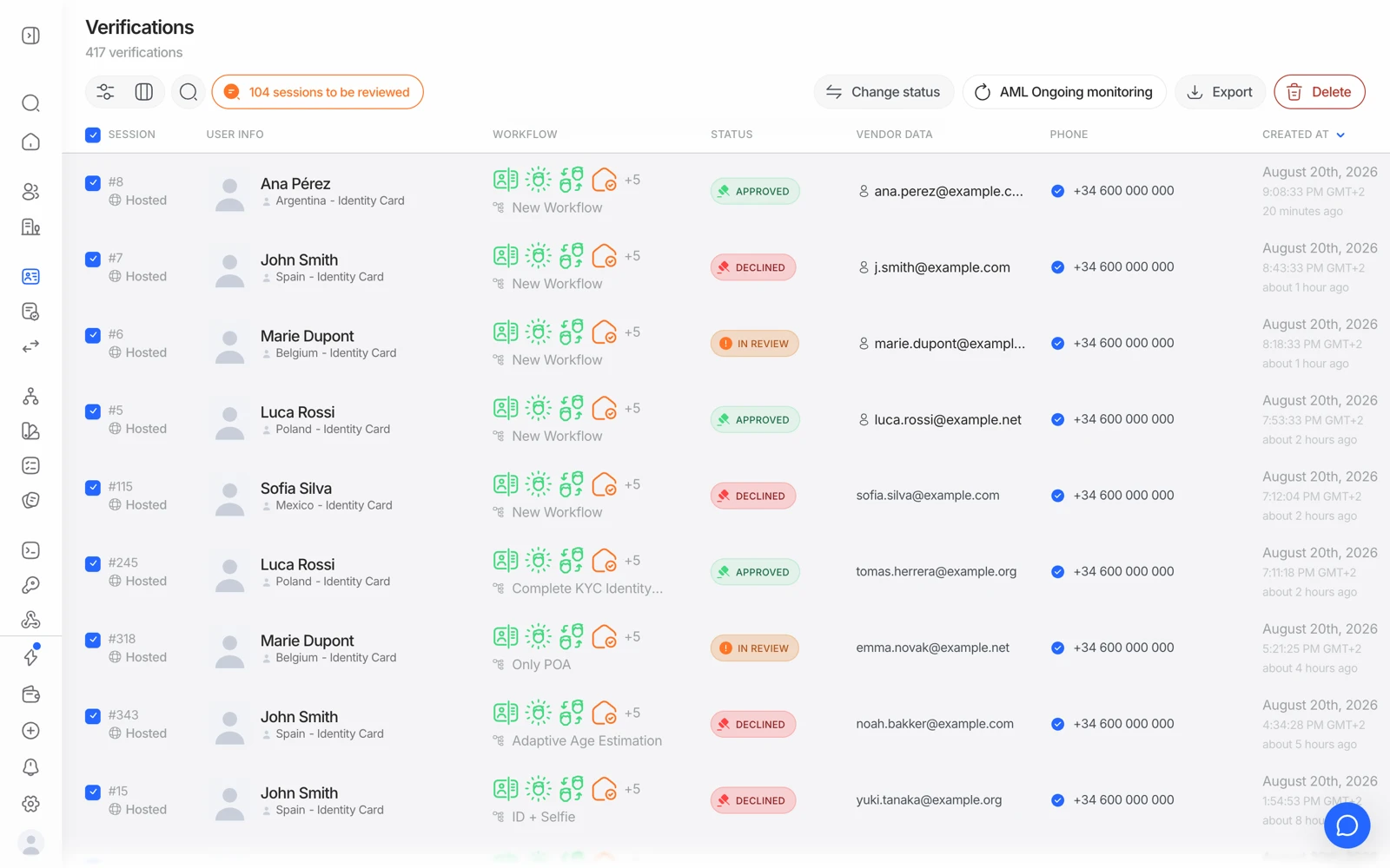 Filtering the Verifications list by In Review status in the Didit console