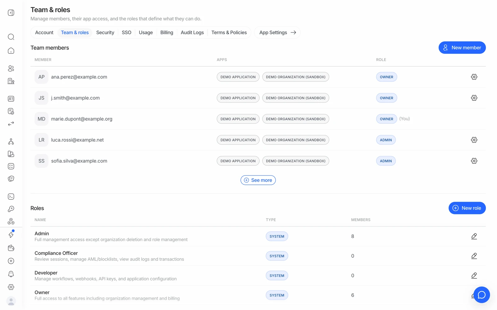 The Team and roles page in the Didit console, with the New member button, the Role column, and the Roles table below it
