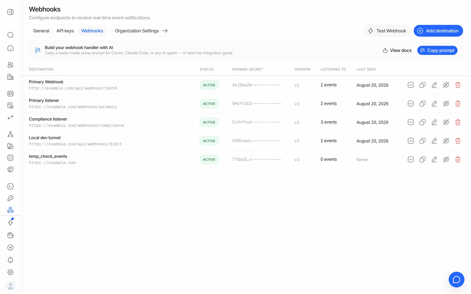 The webhooks page in the Didit console showing delivery status per destination